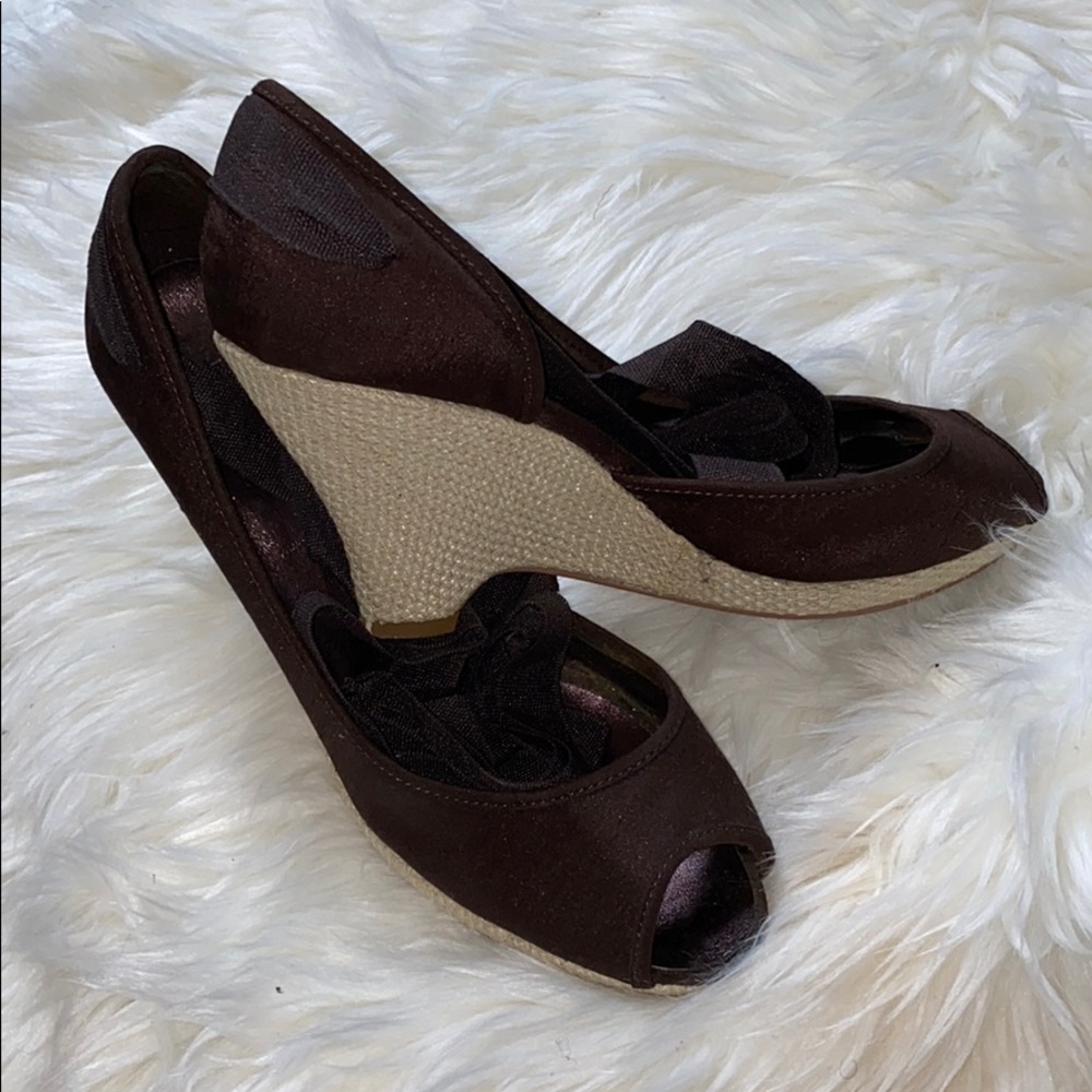 UNLISTED Brown Lace Up Peep-Toe Espadrille Wedges